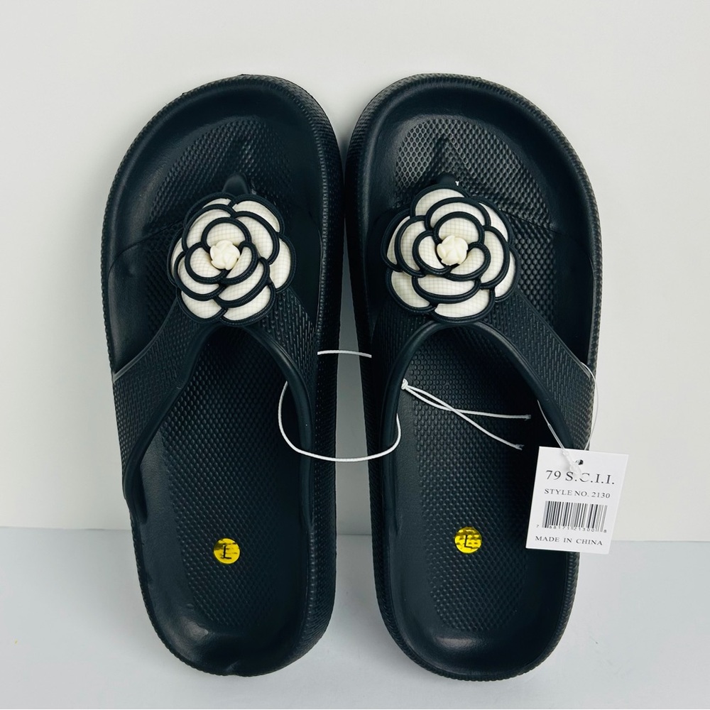 NWT Flip Flop Camellia Flower Jelly Sandals Women's L Black Cushioned Waterproof
